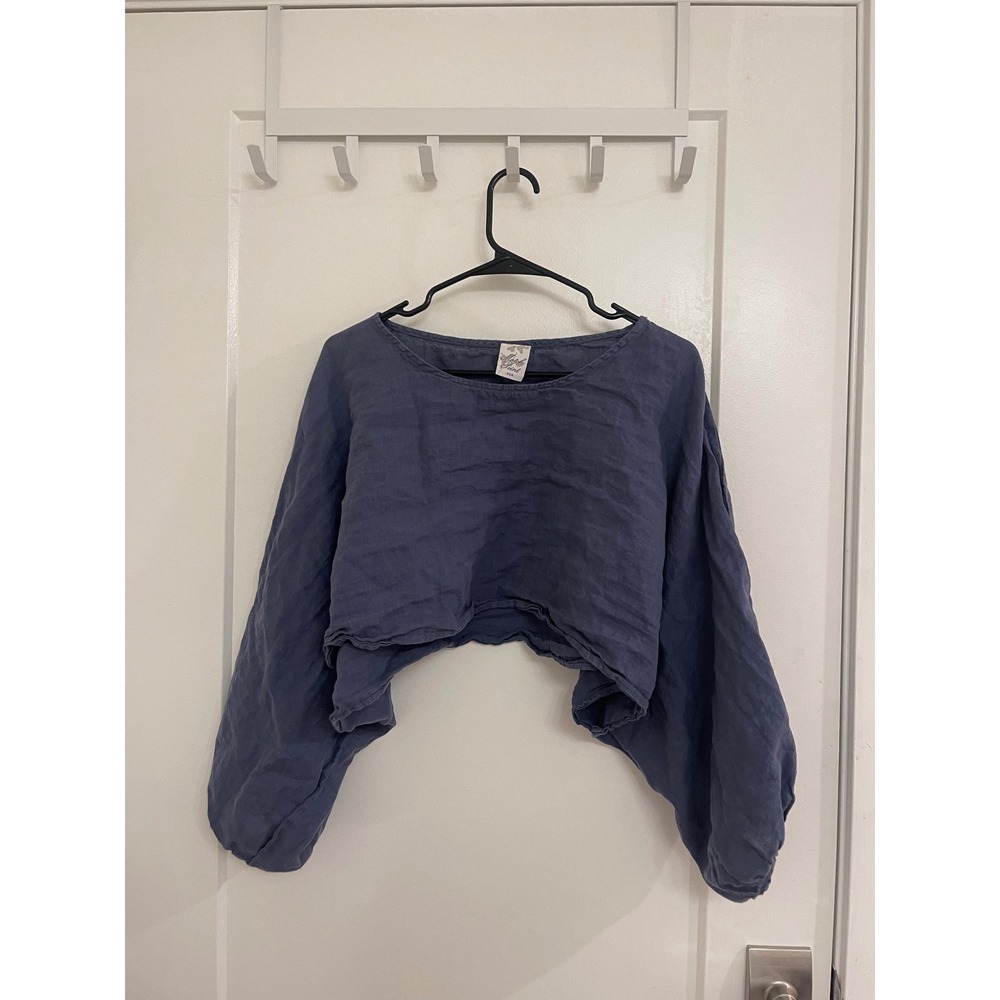 Match Point Linen Cropped Top Puff Sleeves Luxury Breathable Blue